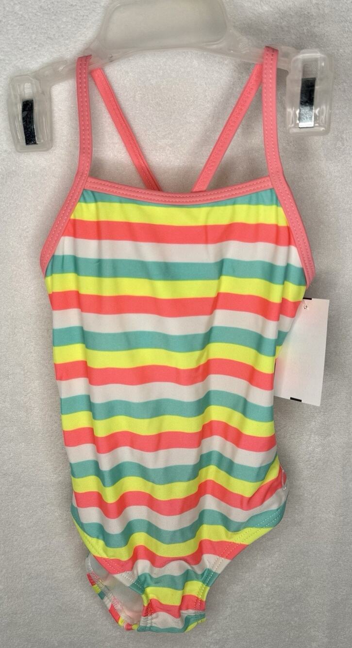 Op 3T CUTE Toddler Girls’ Neon Multicolor Striped One-Piece Bathing Suit Safety